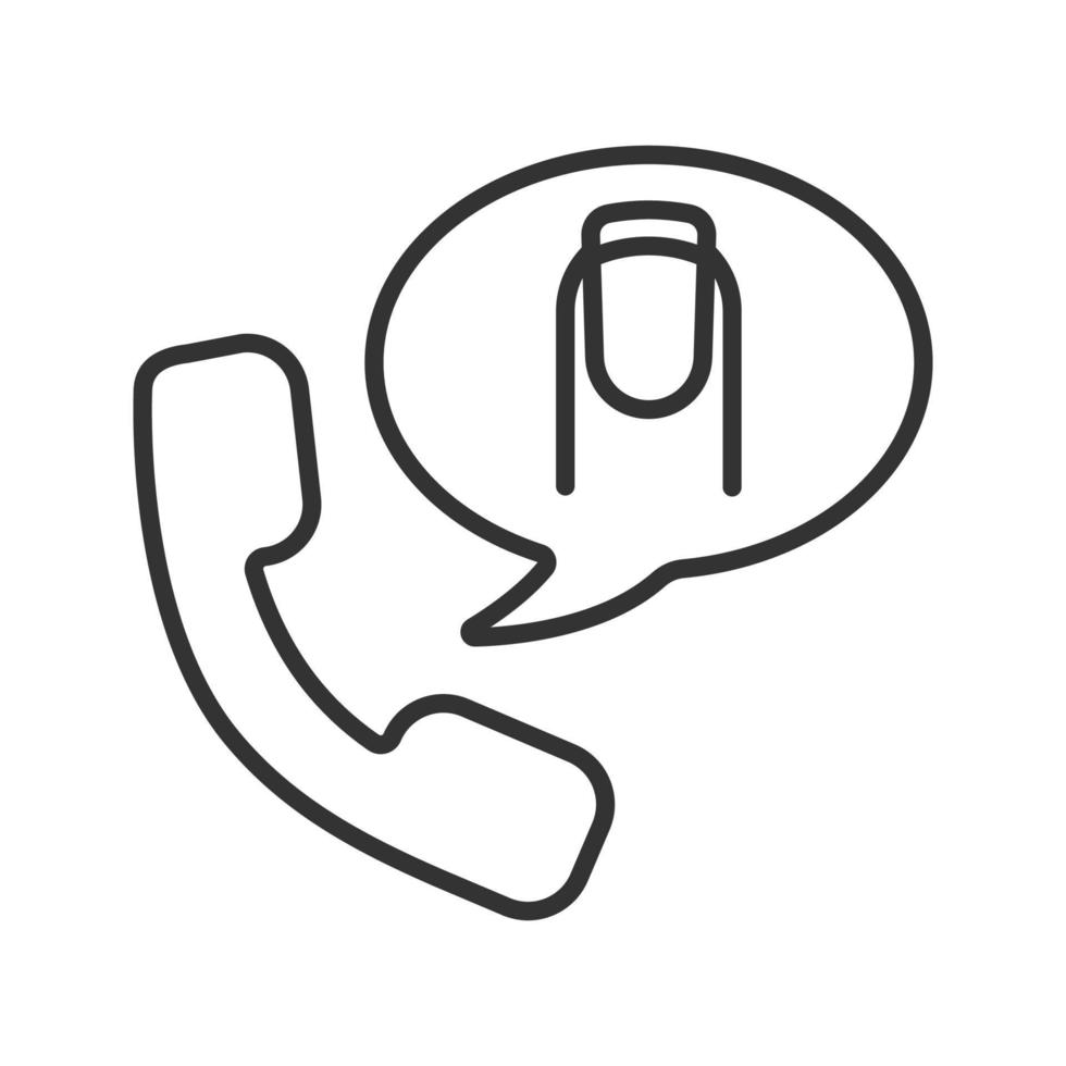 Manicure phone appointment linear icon. Thin line illustration. Chat box with woman's nail contour symbol. Vector isolated outline drawing
