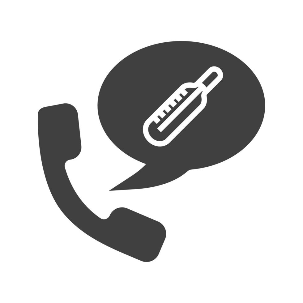 Phone call to hospital glyph icon. Silhouette symbol. Handset with thermometer inside speech bubble. Negative space. Vector isolated illustration