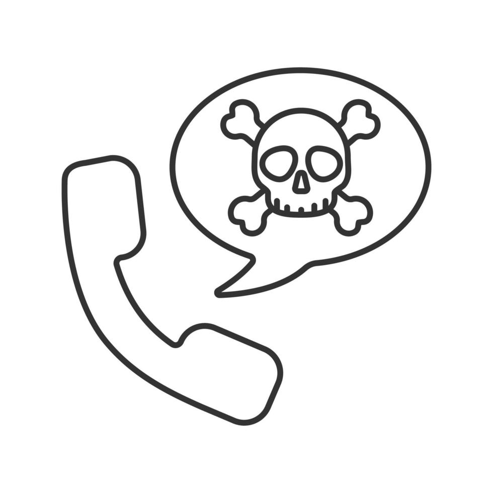 Handset with skull and crossbones inside speech bubble. Dangerous telephone call. Linear icon. Thin line illustration. Contour symbol. Vector isolated outline drawing