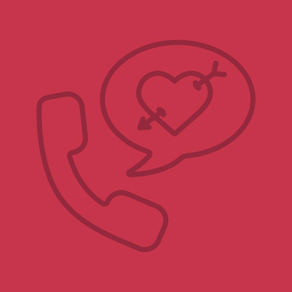 Romantic phone talk color linear icon. Handset with heart and arrow inside speech bubble. Thin line outline symbols on color background. Vector illustration