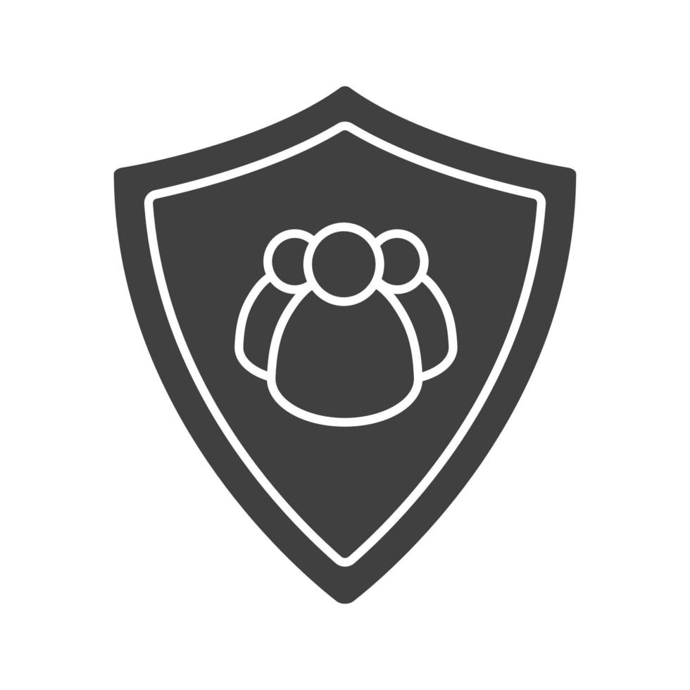 Users security glyph icon. Silhouette symbol. Collective security. Protection shield with group of people. Negative space. Vector isolated illustration