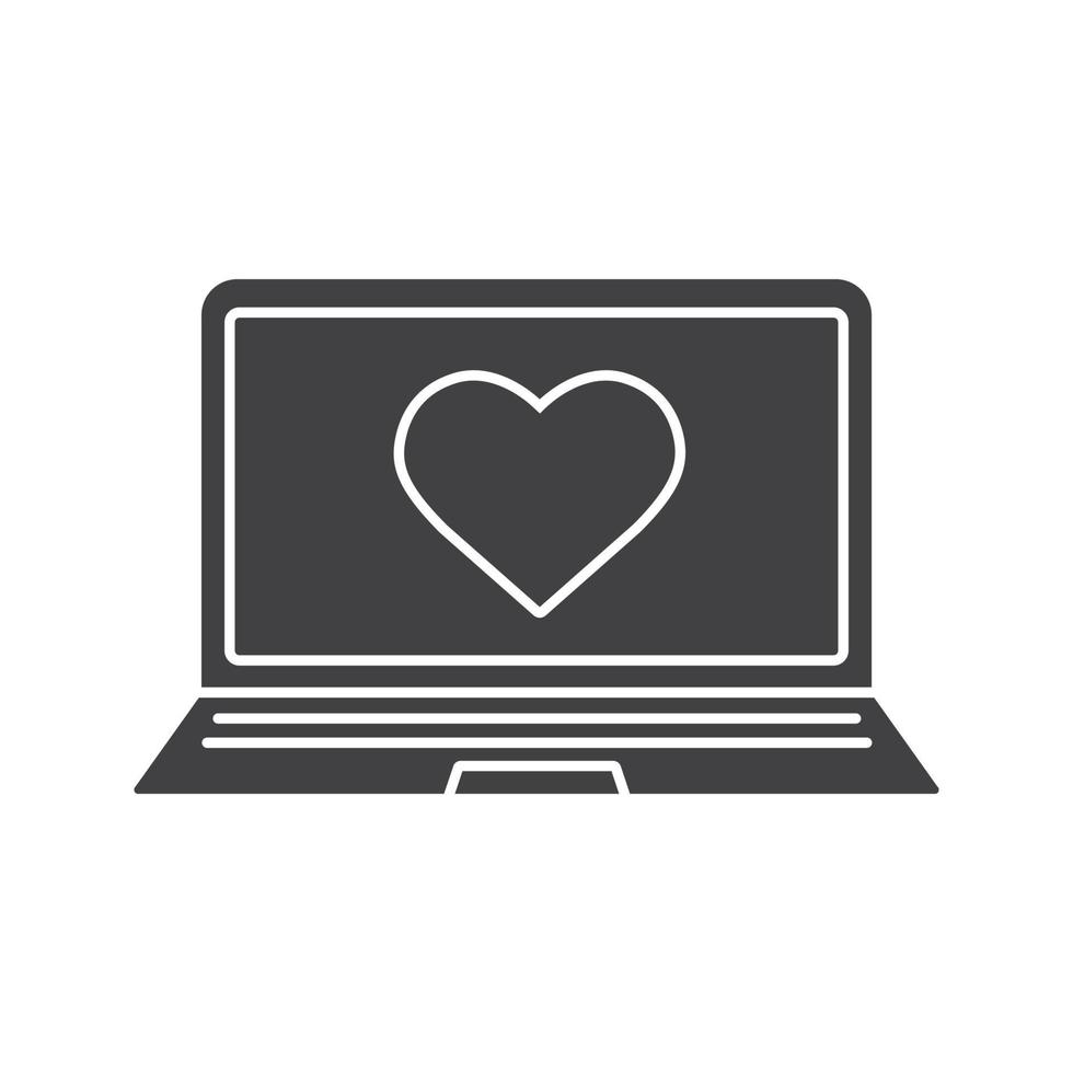 Laptop like button glyph icon. Silhouette symbol. Notebook with heart shape. Negative space. Vector isolated illustration