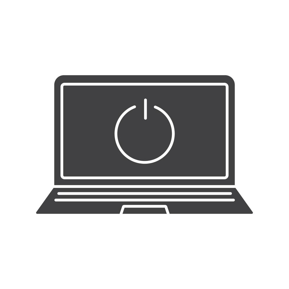 Turn off laptop glyph icon. Silhouette symbol. Notebook with shut down button. Negative space. Vector isolated illustration