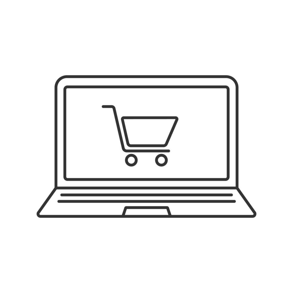 Online shopping linear icon. Thin line illustration. Laptop with shopping cart contour symbol. Vector isolated outline drawing