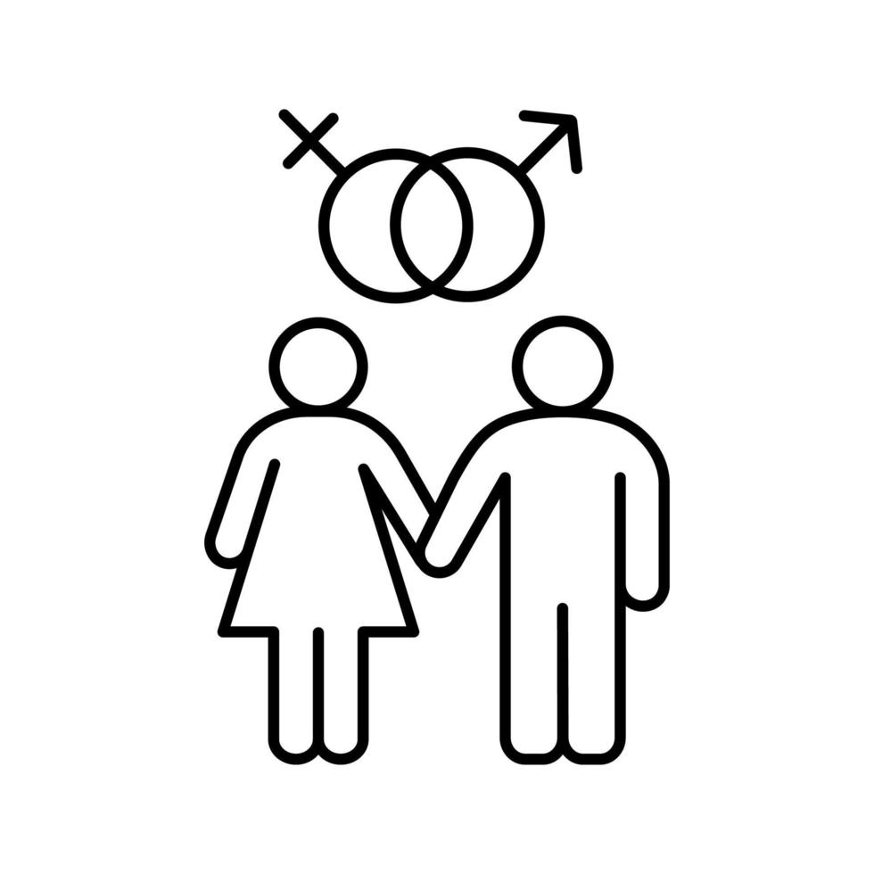 Heterosexual couple linear icon. Thin line illustration. Man and woman. Mars and Venus signs. Sex and relationship contour symbol. Vector isolated outline drawing