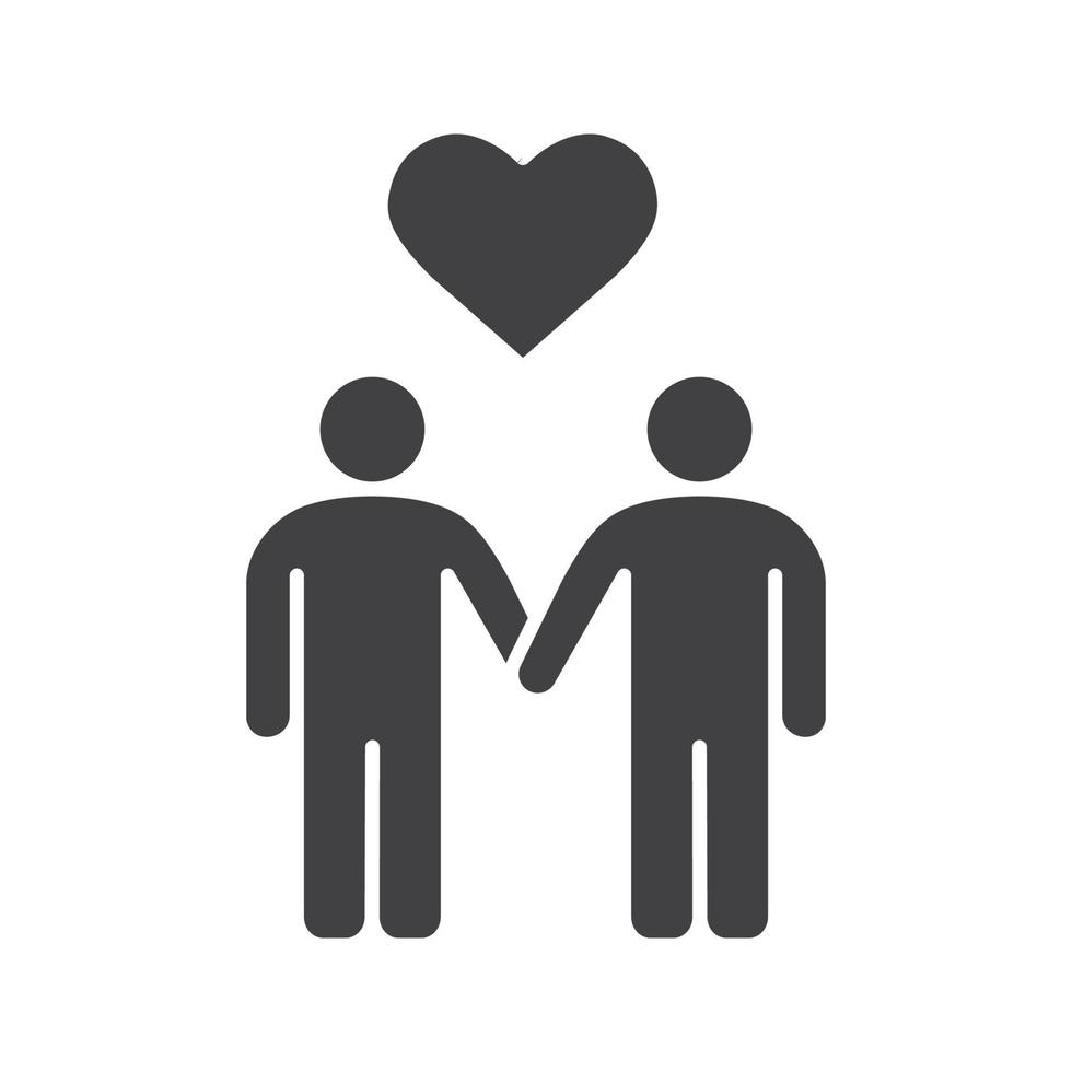 Homosexual couple glyph icon. Gays silhouette symbol. Two men holding hands with heart shape above. Negative space. Vector isolated illustration