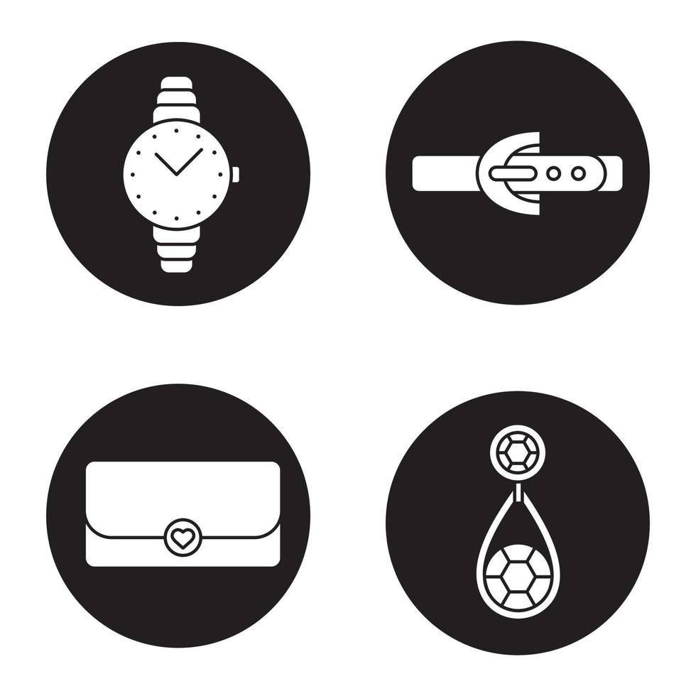 Women's accessories icons set. Wristwatch, earring, clutch, leather belt. Vector white silhouettes illustrations in black circles