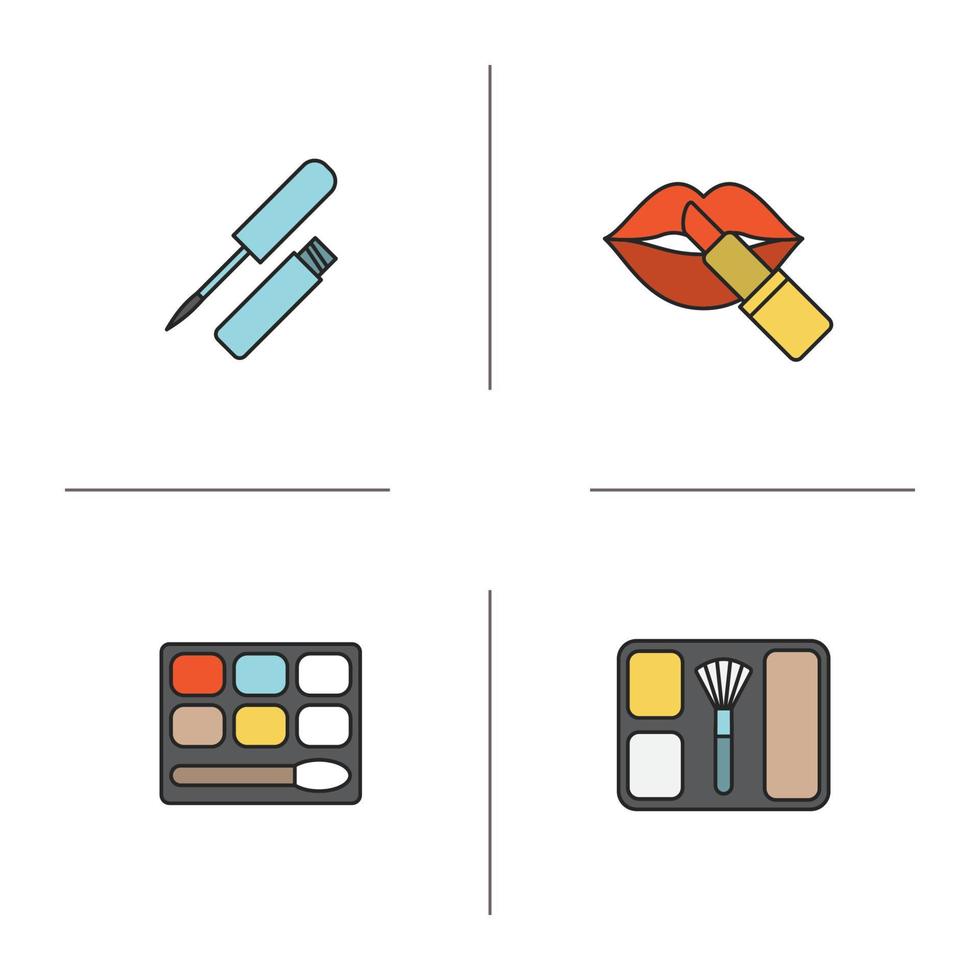 Women's cosmetics color icons set. Lip gloss, eye shadow, blusher, lipstick with lips. Isolated vector illustrations