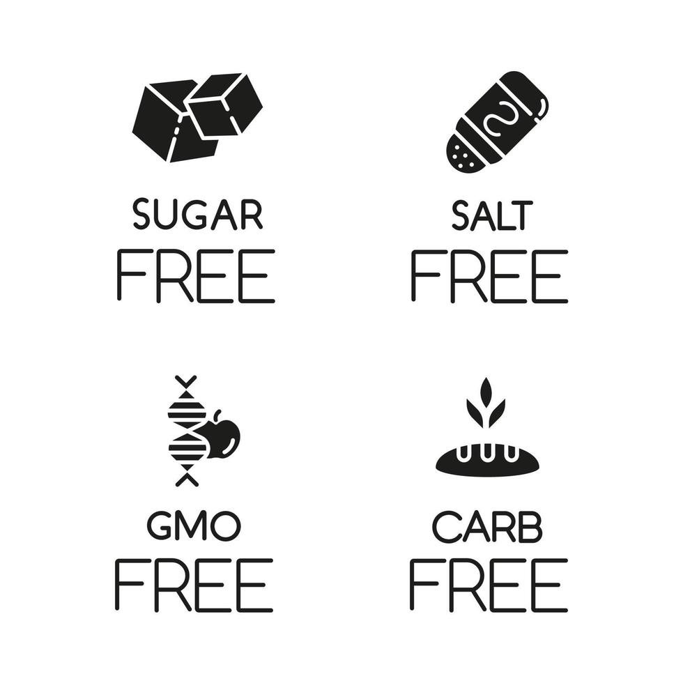 Product free ingredient glyph icons set. No sugar, salt, gmo, carbs. Non-seasoned, unsweetened meals. Dietary without allergens and sweeteners. Silhouette symbols. Vector isolated illustration