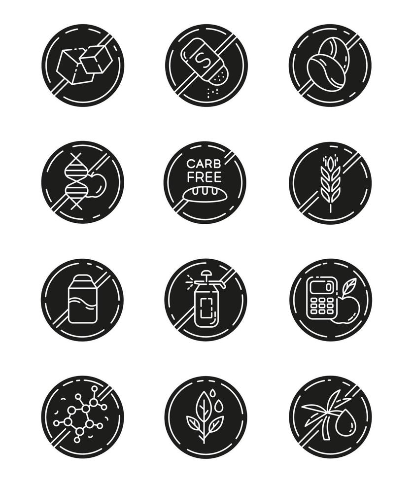 Product free ingredient glyph icons set. No paraben, pesticide, lactose. Organic food, healthy eating. Non-chemical herbs. Dietary without allergens. Silhouette symbols. Vector isolated illustration