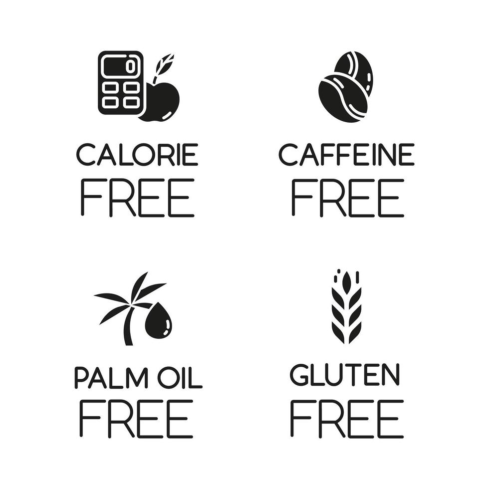 Product free ingredient glyph icons set. No calories, caffeine, palm oil, gluten. Organic healthy food. Low calories meals. Dietary without allergens. Silhouette symbols. Vector isolated illustration