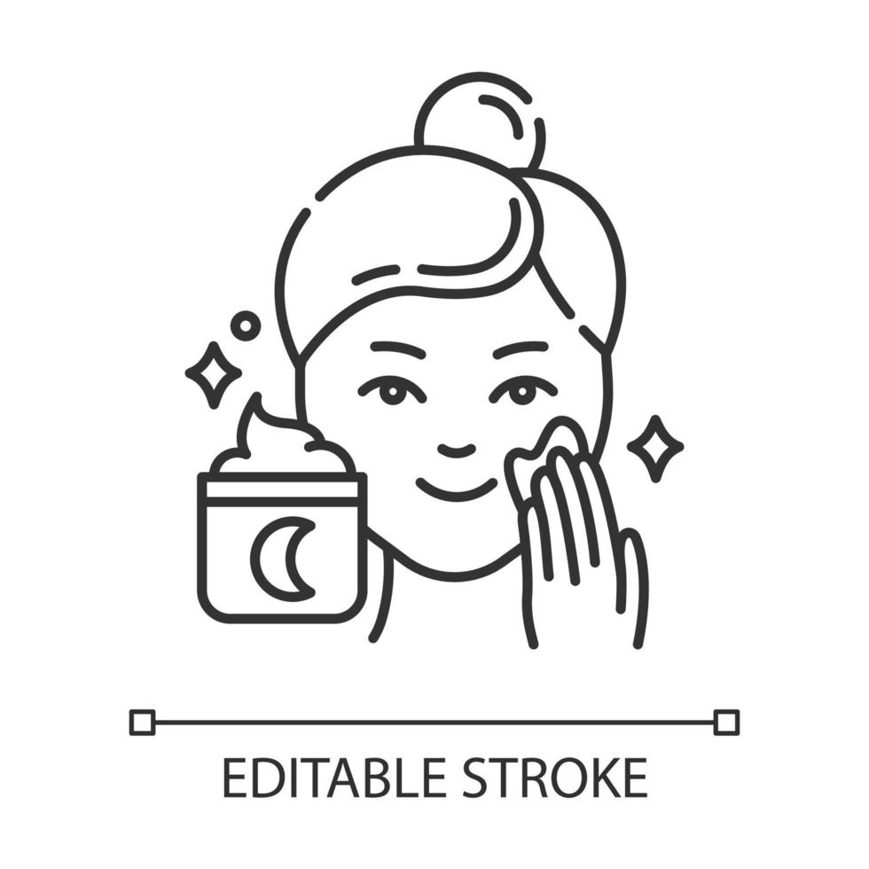 Applying night cream linear icon. Skin care procedure. Facial treatment product. Sleeping cream. Thin line illustration. Contour symbol. Vector isolated outline drawing. Editable stroke