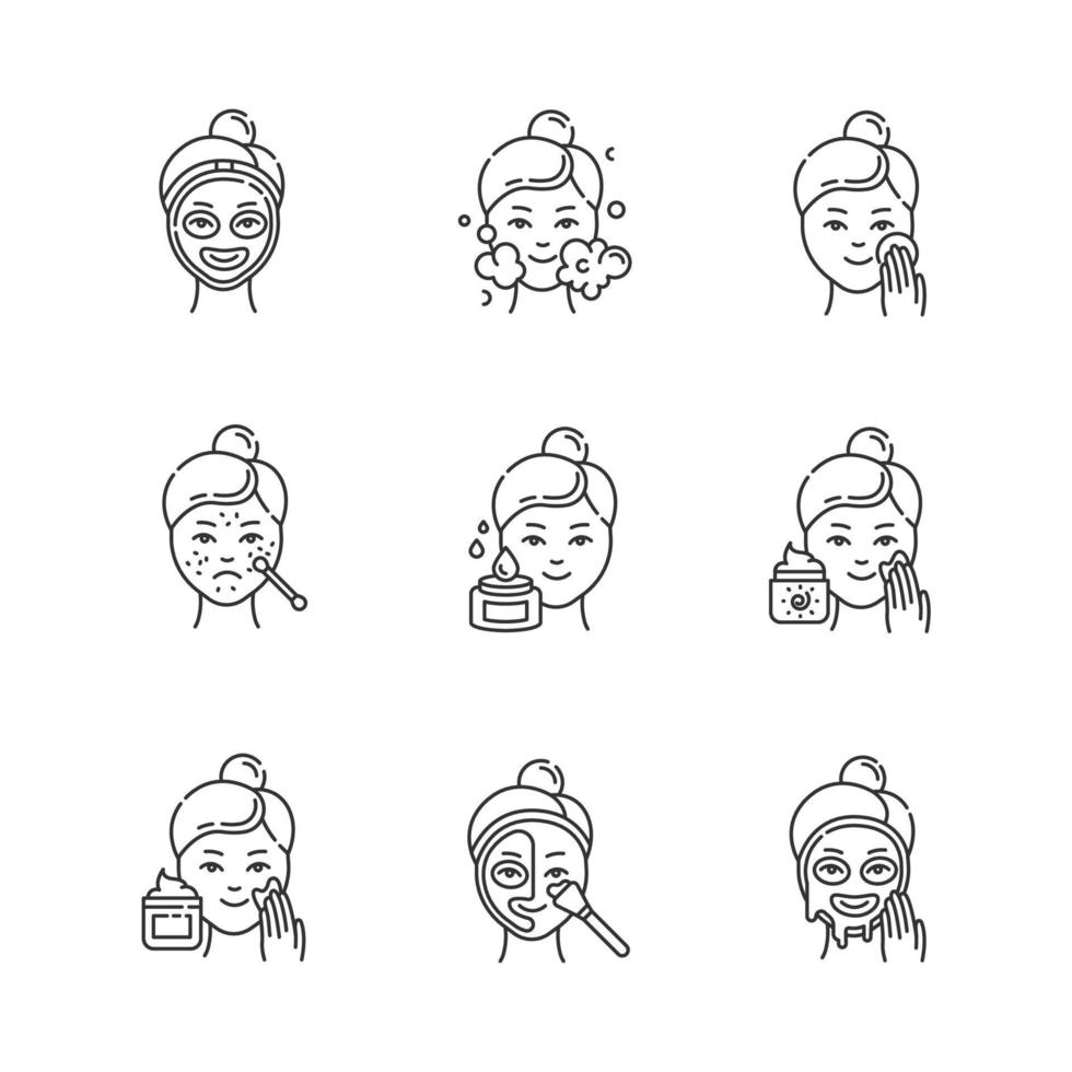 Skin care procedures linear icons set. Spot treatment for acne. Sunscreen. Mosturizing face cleanser. Thermal mask. Thin line contour symbols. Isolated vector outline illustrations. Editable stroke