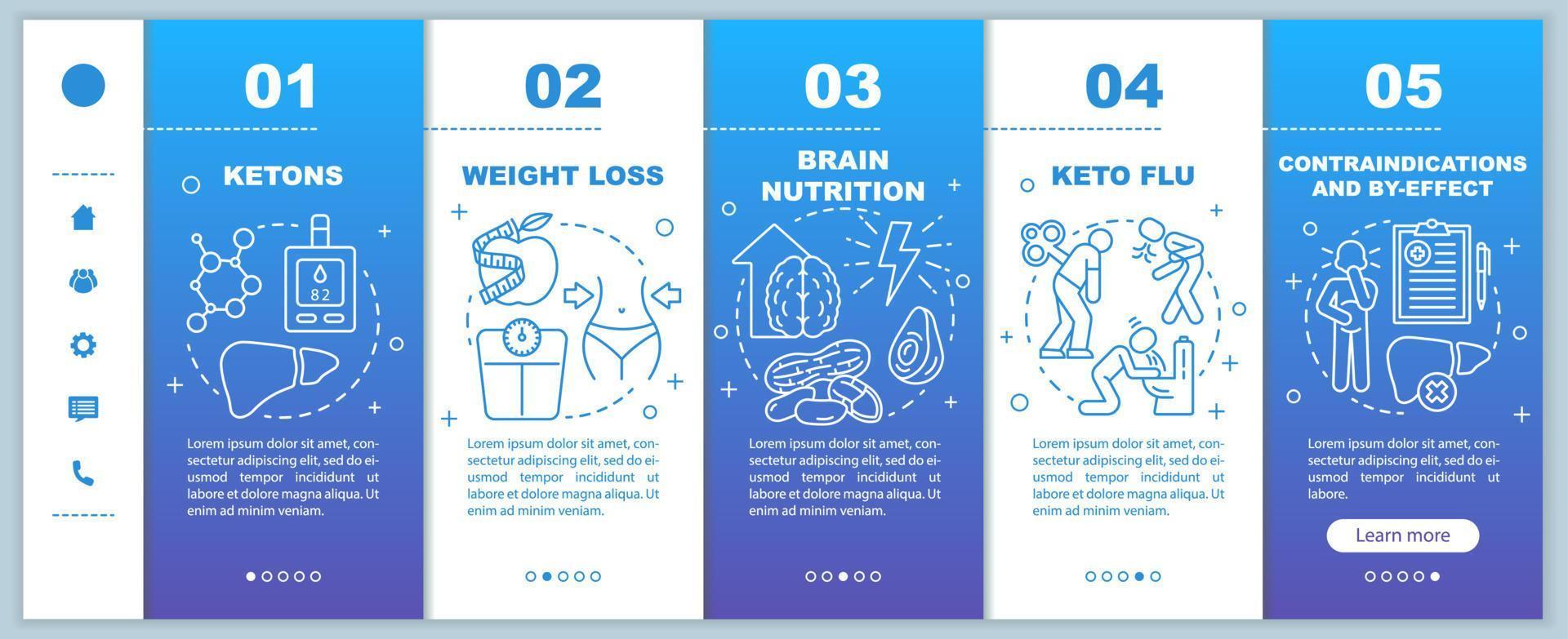 Keto diet onboarding mobile web pages vector template. Responsive smartphone website interface idea. Ketogenic eating and healthy nutrition. Webpage walkthrough step gradient screens. Color concept
