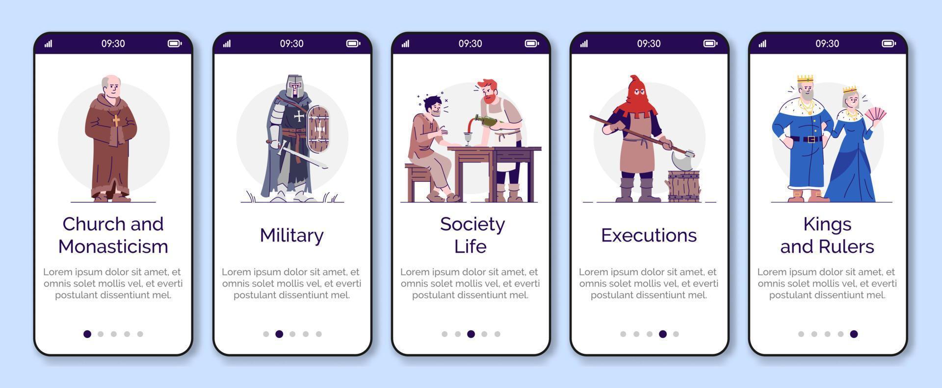 Plantilla de vector de pantalla de página de aplicación móvil de incorporación de estructura social medieval. paso a paso del sitio web con caracteres planos. personajes de mediana edad. concepto de interfaz de dibujos animados de smartphone ux, ui, gui