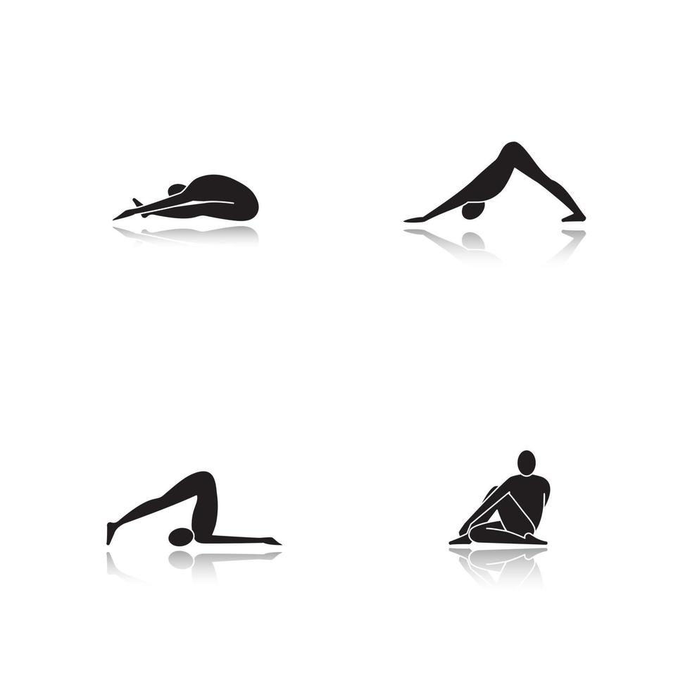 Conjunto de iconos de glifos negros de sombra de asanas de yoga. paschimottanasana, halasana, adho mukha svanasana, ardha matsyendrasana posiciones de yoga. ilustraciones vectoriales aisladas vector