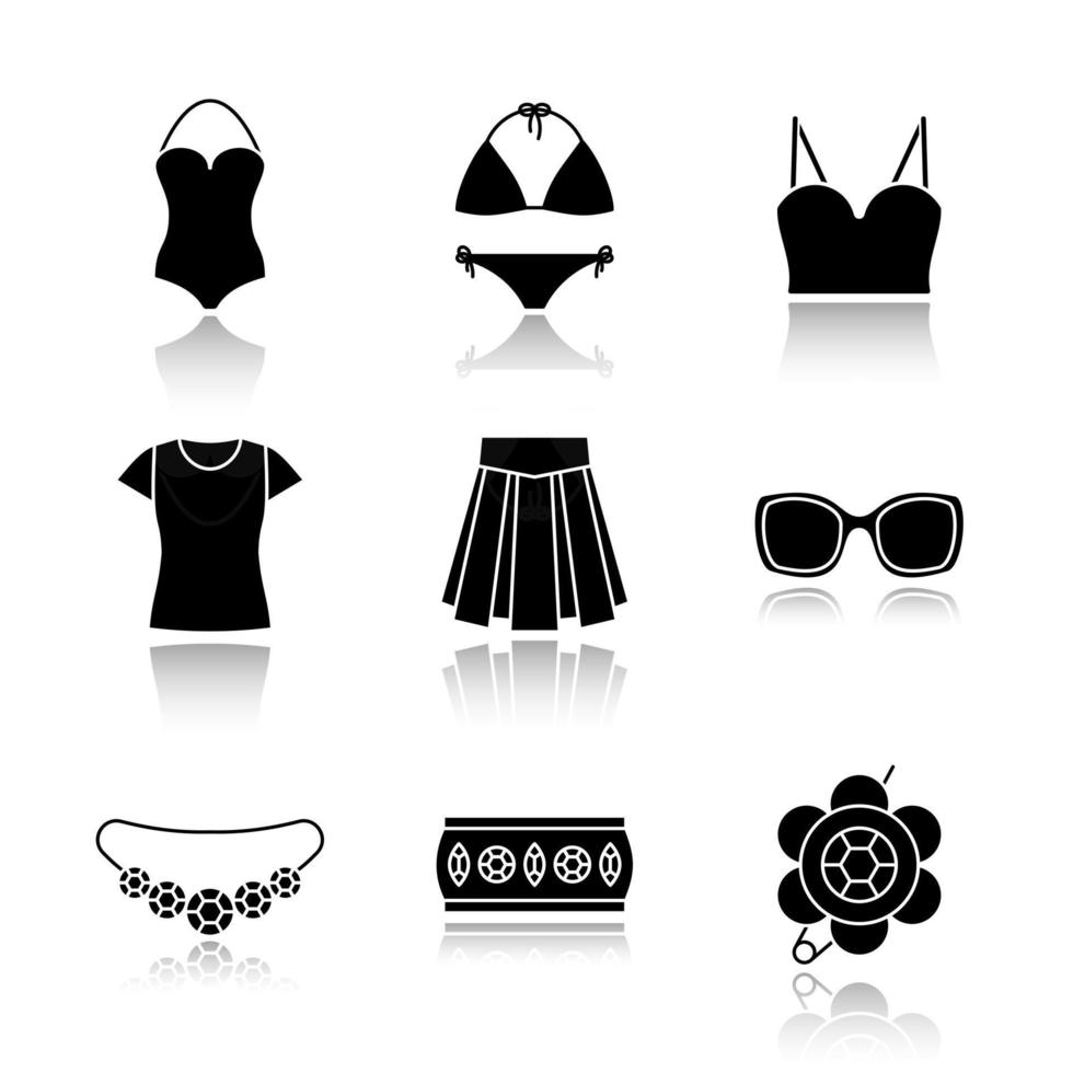 Women's accessories drop shadow black icons set. Clothes and jewelry. Swimsuits, top, t-shirt, skirt, sunglasses, bracelet, brooch, necklace. Isolated vector illustrations