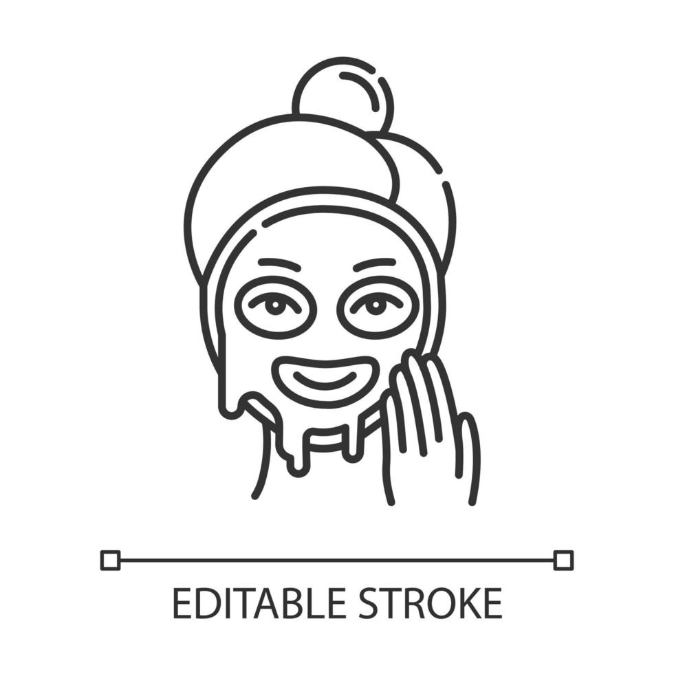 Applying liquid mask linear icon. Skin care procedure. Facial beauty treatment. Dermatology, cosmetics, makeup. Thin line illustration. Contour symbol. Vector isolated outline drawing. Editable stroke