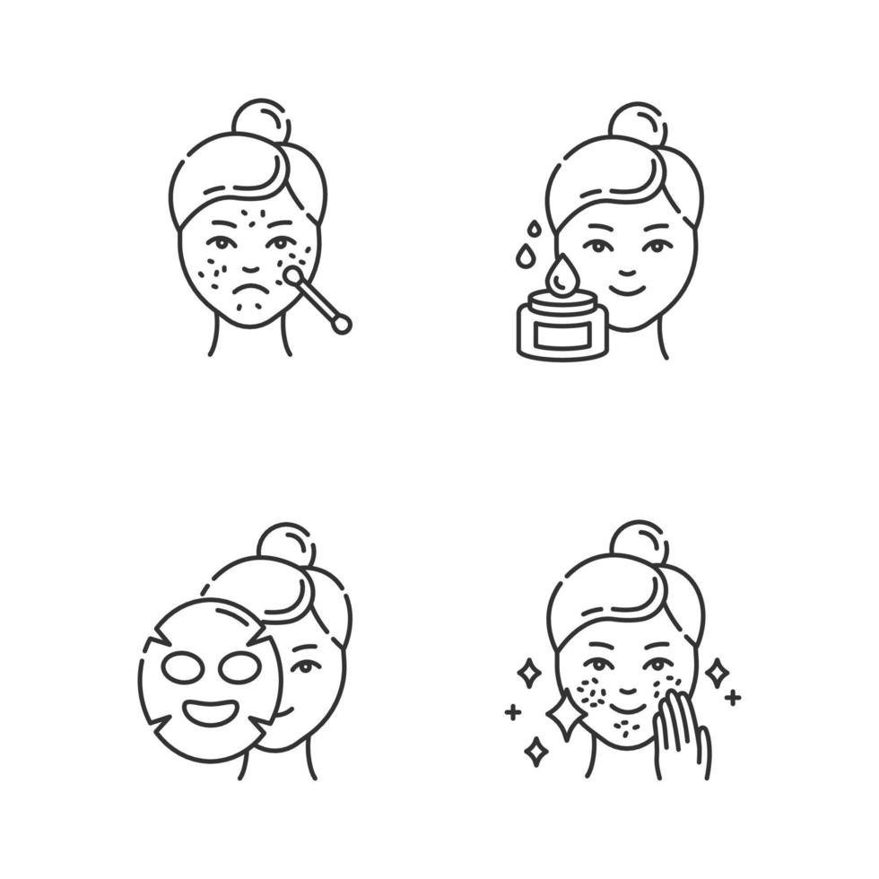 Skin care procedures linear icons set. Spot treatment for blackheads. Problematic skin. Sheet mask. Beauty water. Thin line contour symbols. Isolated vector outline illustrations. Editable stroke