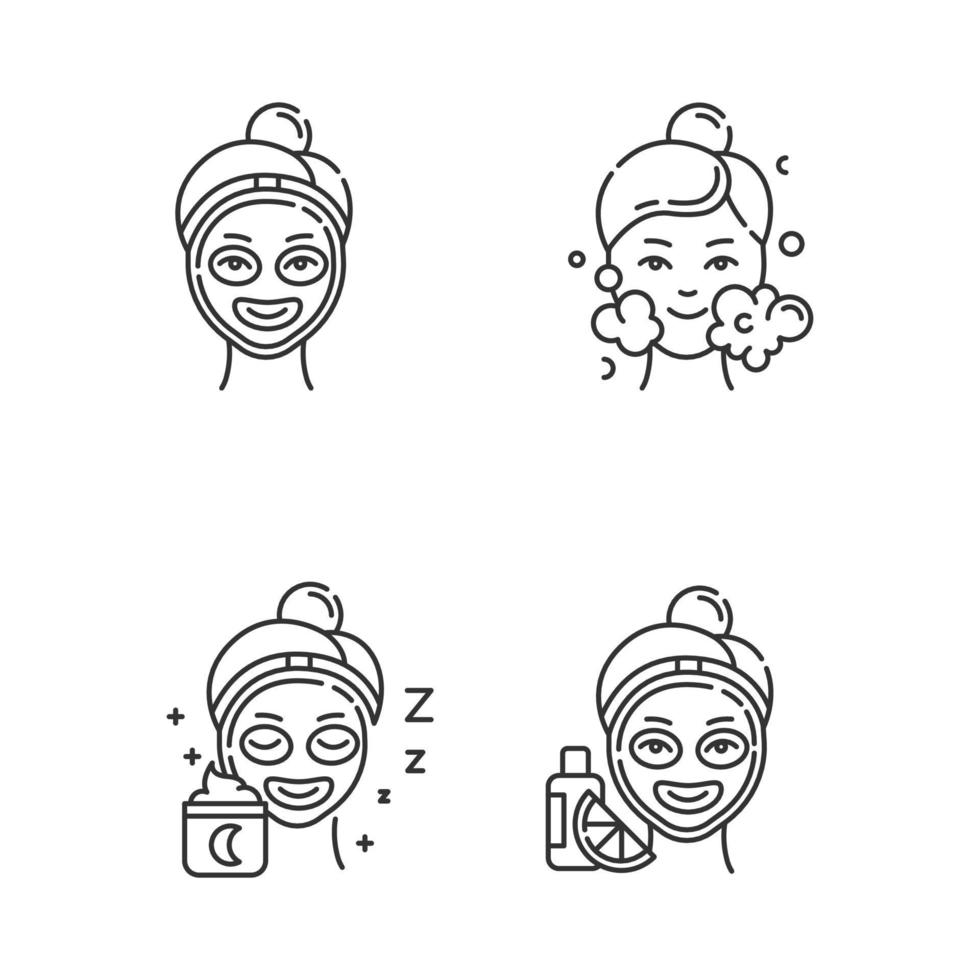 Skin care procedures linear icons set. Night time routine. Vitamin C for facial beauty. Cleanser water. Moisturizer. Thin line contour symbols. Isolated vector outline illustrations. Editable stroke