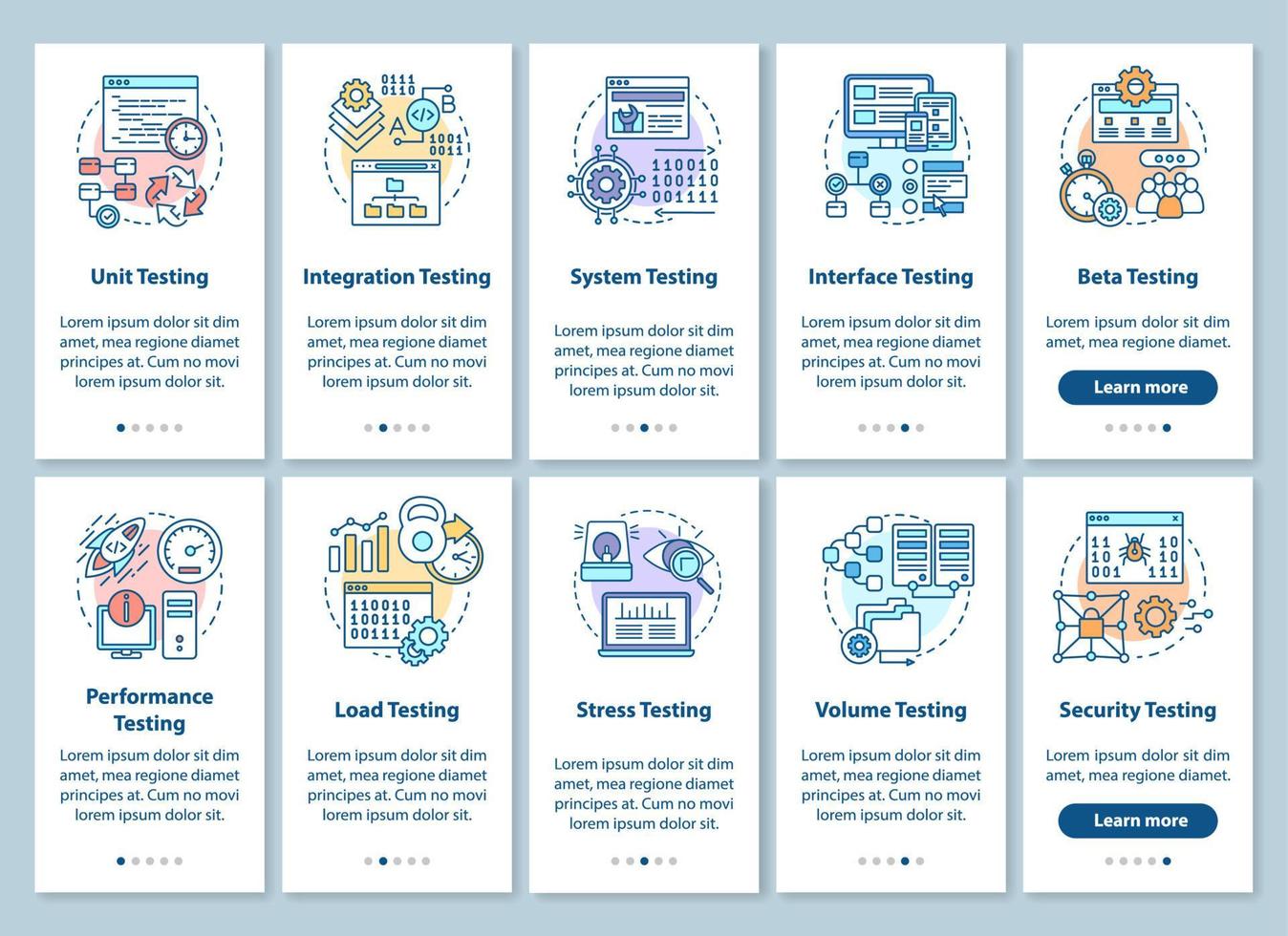 Software testing onboarding mobile app page screen with linear concepts. Performance and usability analysis walkthrough steps graphic instructions. UX, UI, GUI vector template with illustrations