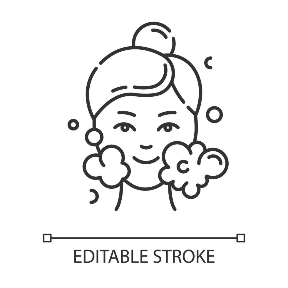 Water face cleanser linear icon. Skin care procedure. Beauty treatment. Foam, bubbles. Cleansing, moisturizing. Thin line illustration. Contour symbol. Vector isolated outline drawing. Editable stroke