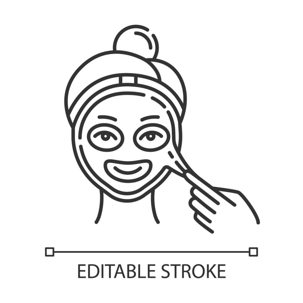 Applying peel-off mask linear icon. Skincare procedure. Facial beauty treatment.Dermatology, cosmetics, makeup. Thin line illustration. Contour symbol. Vector isolated outline drawing. Editable stroke