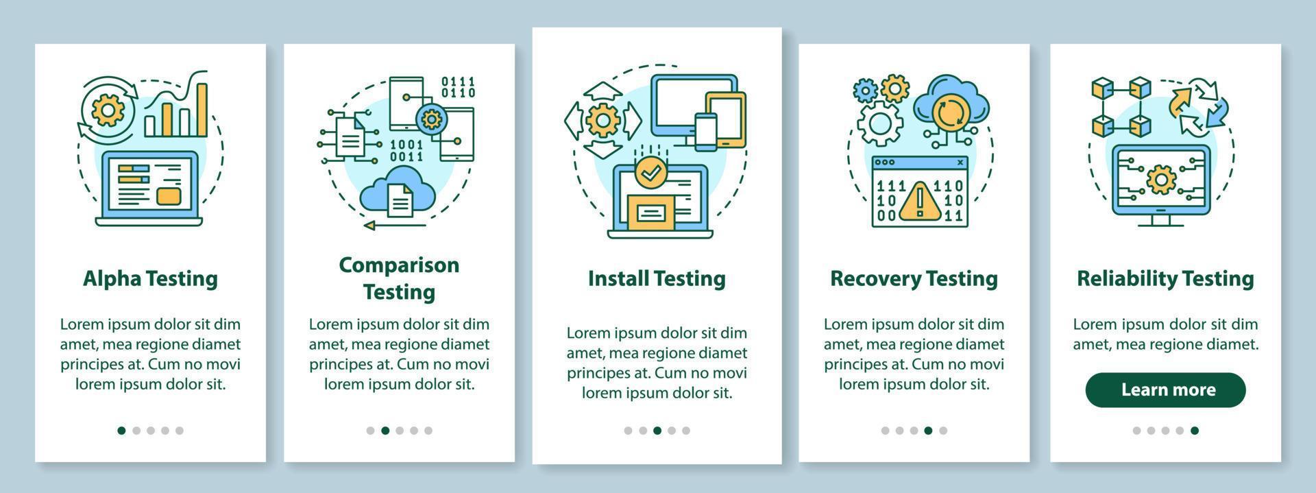 Software performance testing onboarding mobile app page screen with linear concepts. Program quality control walkthrough steps graphic instructions. UX, UI, GUI vector template with illustrations