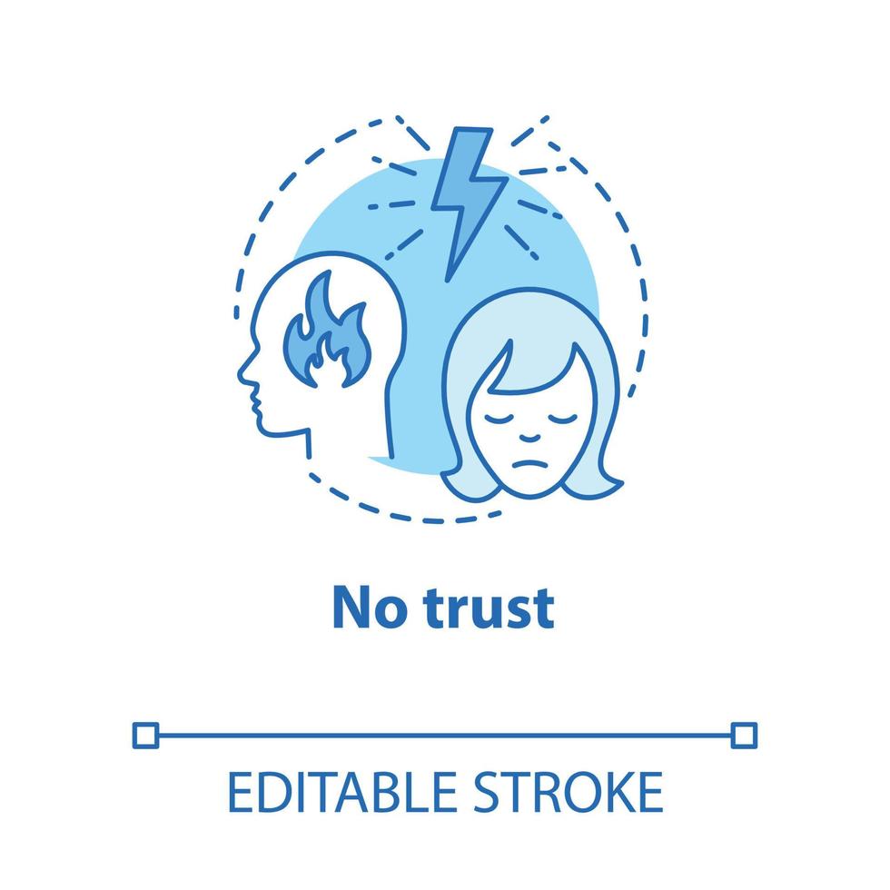 No trust concept icon. Lack of confidence with partner. Distrust in couple. Lost faith. Trouble relationship idea thin line illustration. Vector isolated outline drawing. Editable stroke