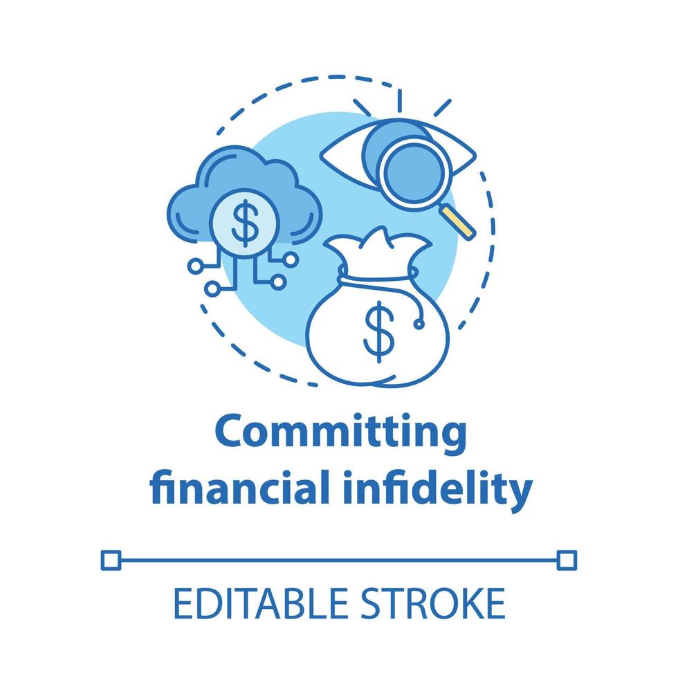 Committing financial infidelity concept icon. Dishonesty about money with partner. Financial decision secretly from family idea thin line illustration. Vector isolated outline drawing. Editable stroke