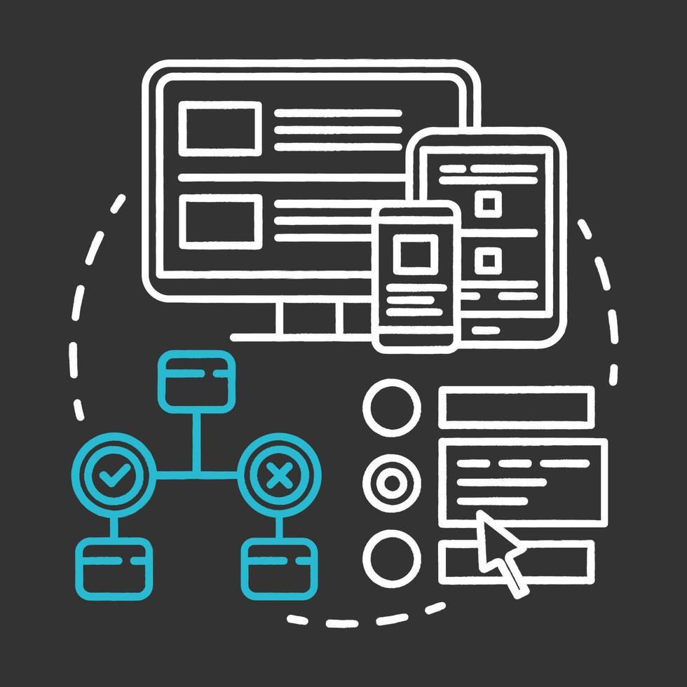 Interface testing chalk concept icon. UX, UI check idea thin line illustration. Software development stage. Application programming and coding. IT project idea. Vector isolated chalkboard illustration