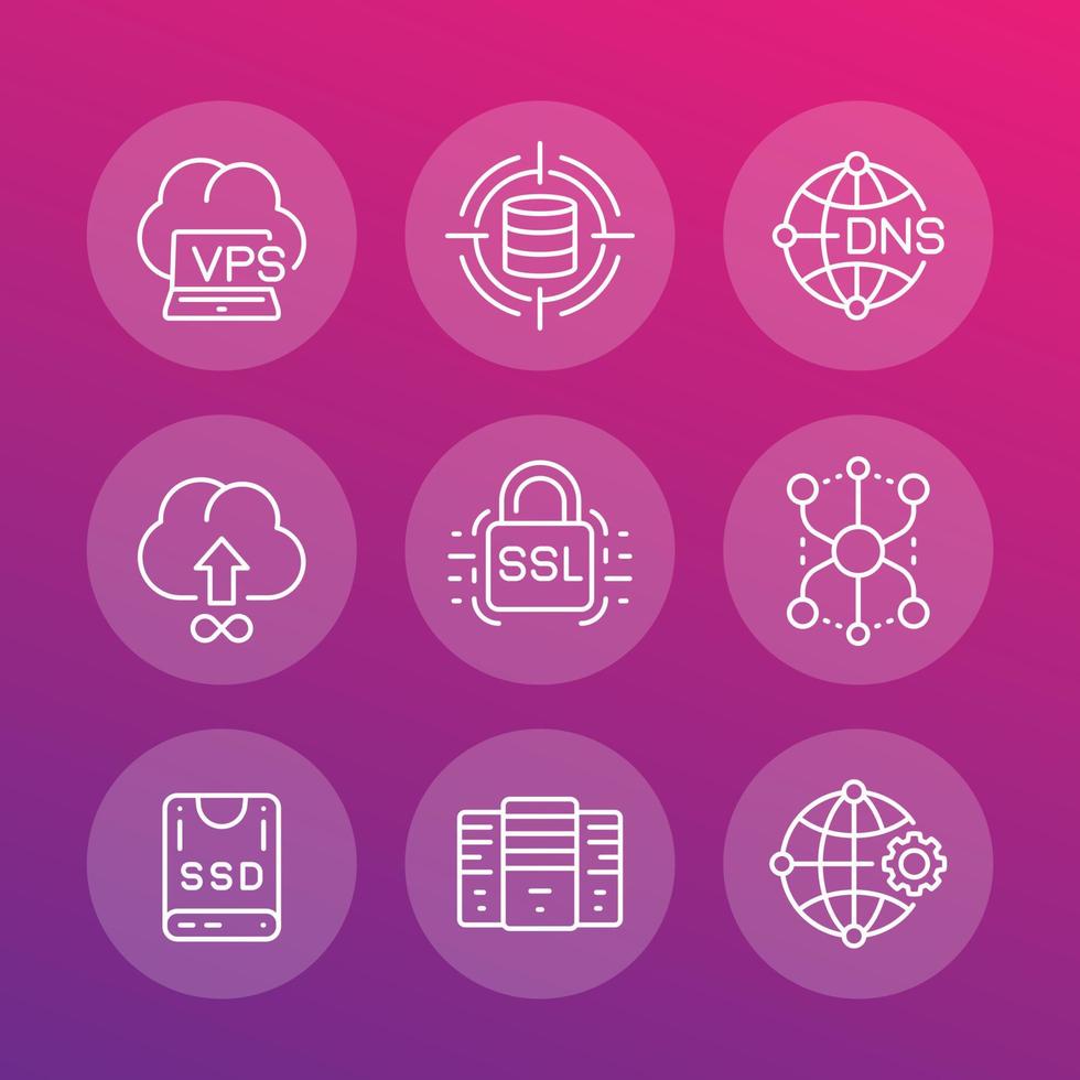 hosting service and network solutions, servers linear icons set vector