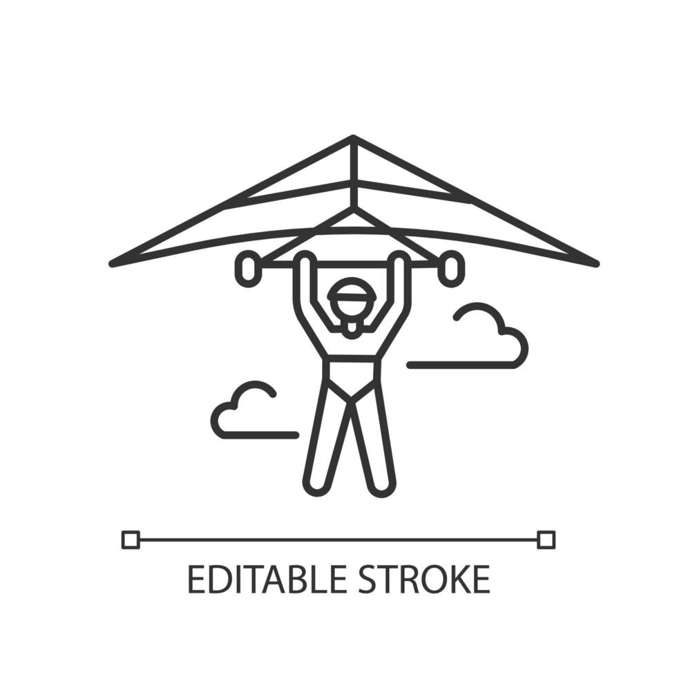 Hang gliding linear icon. Hangglider pilot flying. Extreme air sport. Skydiving stunt. Adrenaline flights in sky. Paragliding trick. Thin line illustration. Vector isolated drawing. Editable stroke