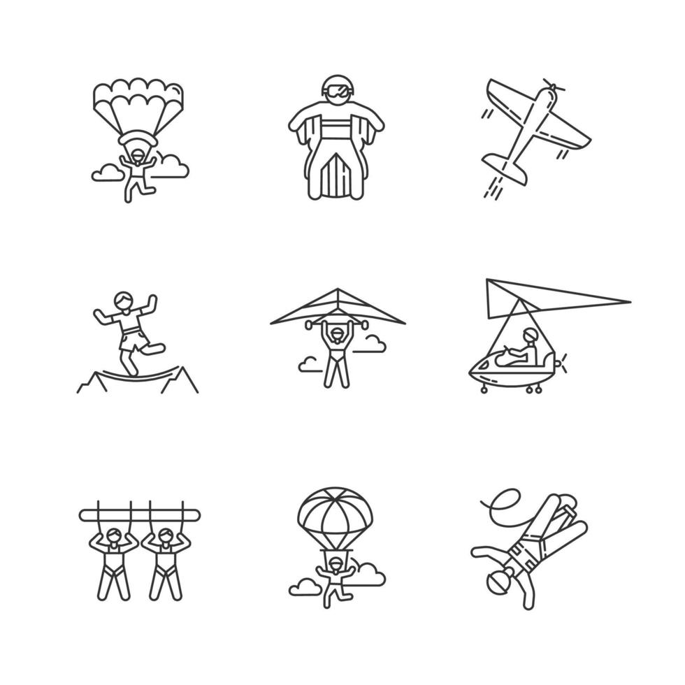 Conjunto de iconos lineales de deportes extremos de aire. paracaidismo, paracaidismo, ala delta, traje de alas. acrobacia aérea, highlining, parapente. columpio gigante, puenting. ilustraciones vectoriales aisladas. trazo editable vector