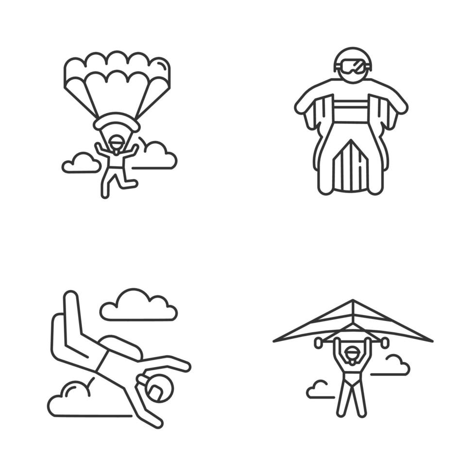 Air extreme sport linear icons set. Hang gliding, skydiving, wing suiting and paragliding. Outdoor activities. Thin line contour symbols. Isolated vector outline illustrations. Editable stroke