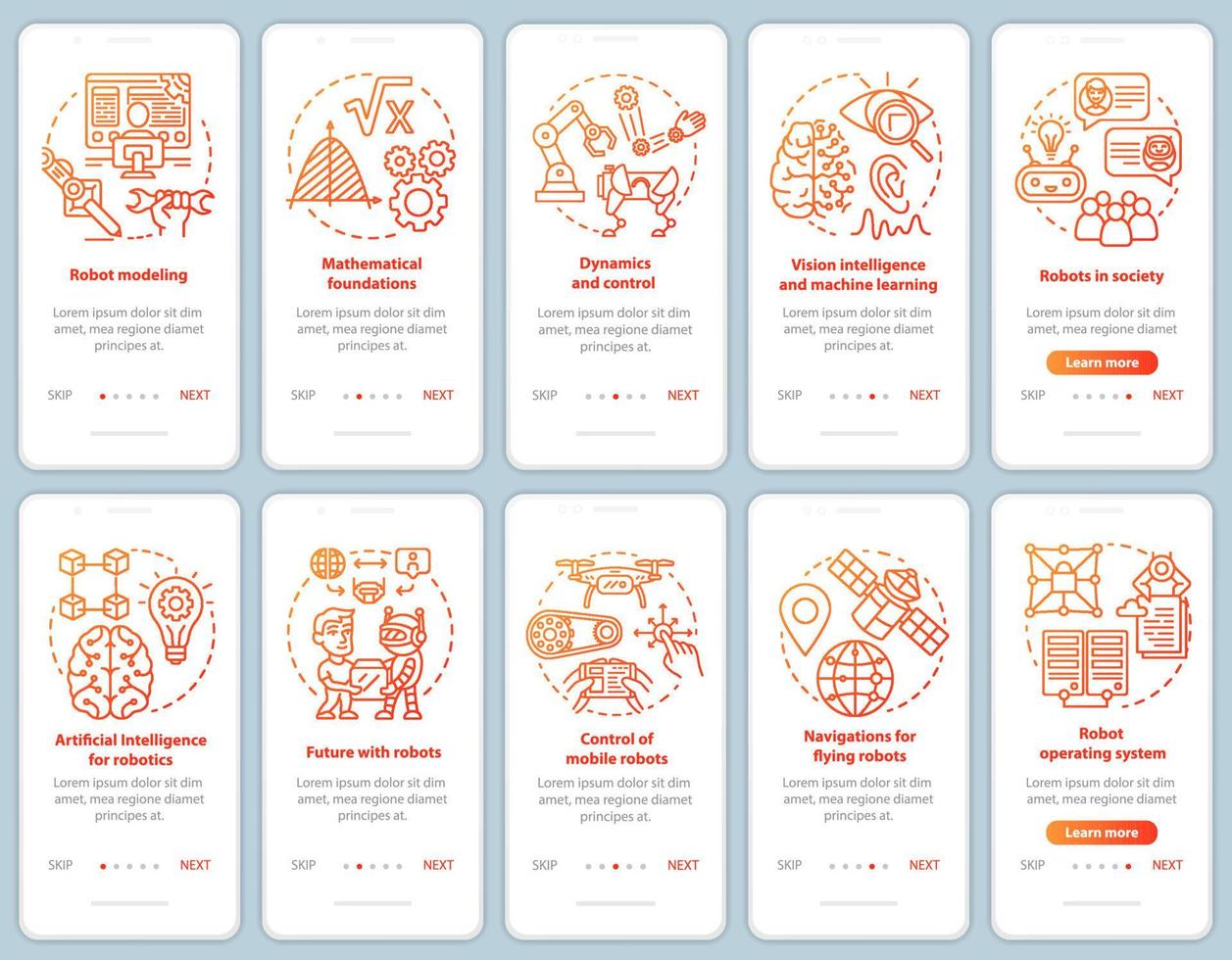 Robotics courses onboarding mobile app page screen vector template set. Modeling, development of robots. Walkthrough website steps with linear illustrations. UX, UI, GUI smartphone interface concept