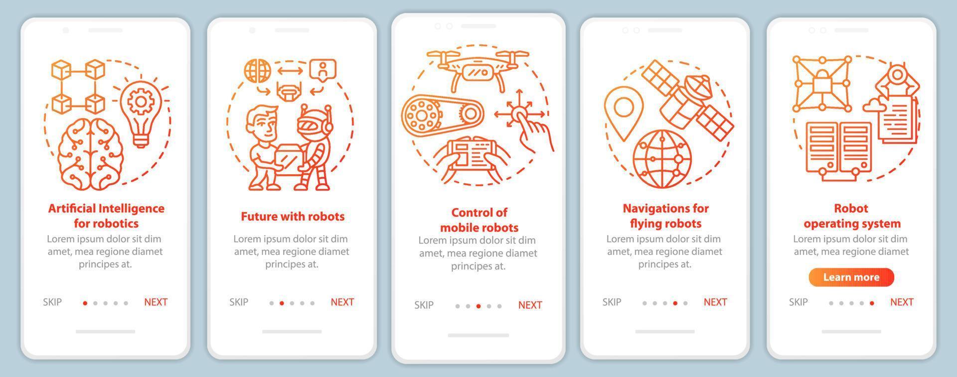 Robotics courses onboarding mobile app page screen vector template. Learning robot control. Walkthrough website steps with linear illustrations. UX, UI, GUI smartphone interface concept