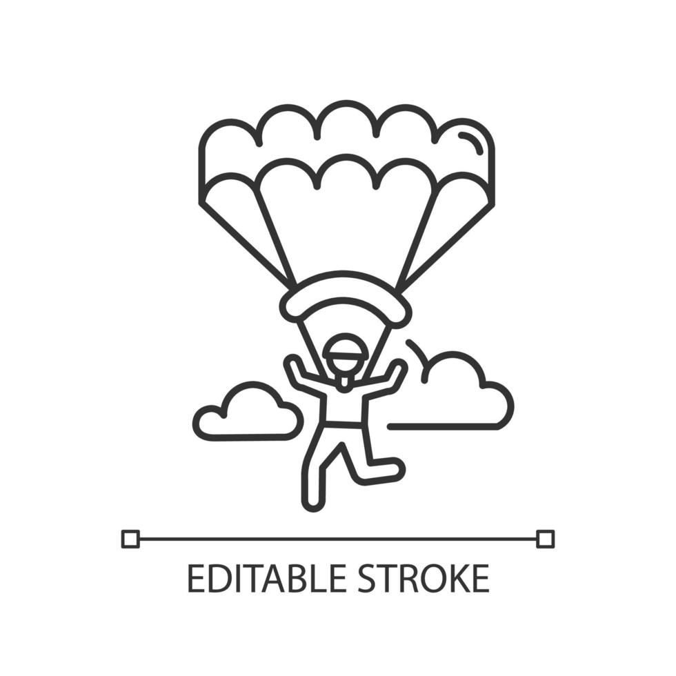 Paragliding linear icon. Parachuting , paratrooping activity. Skydiving, hang gliding recreation. Flights in sky and jumps with parachute. Contour symbol. Vector isolated drawing. Editable stroke