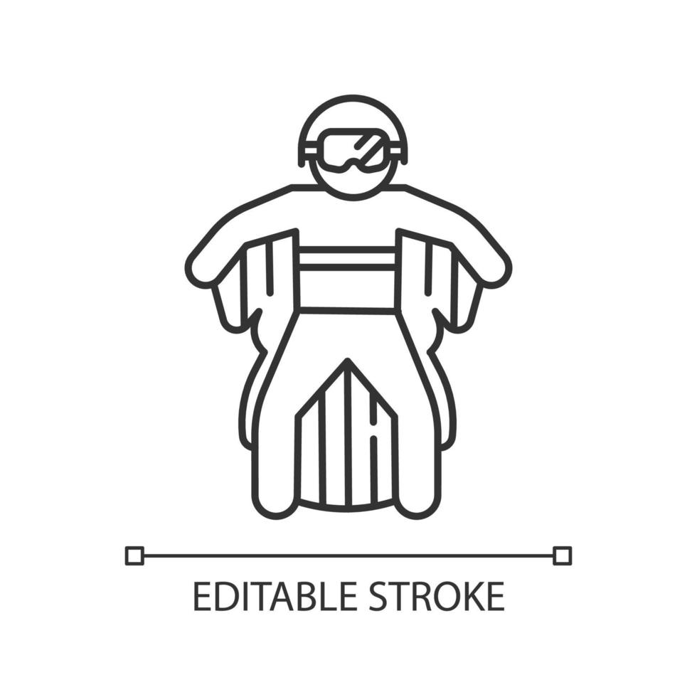 Wingsuit flying linear icon. Skydiver jumping with wing suit. Skydiving. Air extreme sport. Parachutist flying. Thin line illustration. Contour symbol. Vector isolated outline drawing. Editable stroke