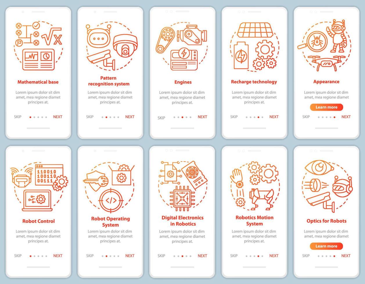 Robotics courses onboarding mobile app page screen with linear concepts set. Robots engineering sections walkthrough steps graphic instructions. UX, UI, GUI vector template with illustrations