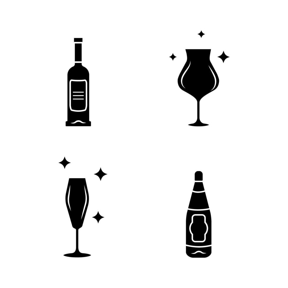 Alcohol drink glassware glyph icons set. Wine service. Crystal glasses shapes and types. Drinks and beverages types. Red wine bottles with labels. Silhouette symbols. Vector isolated illustration