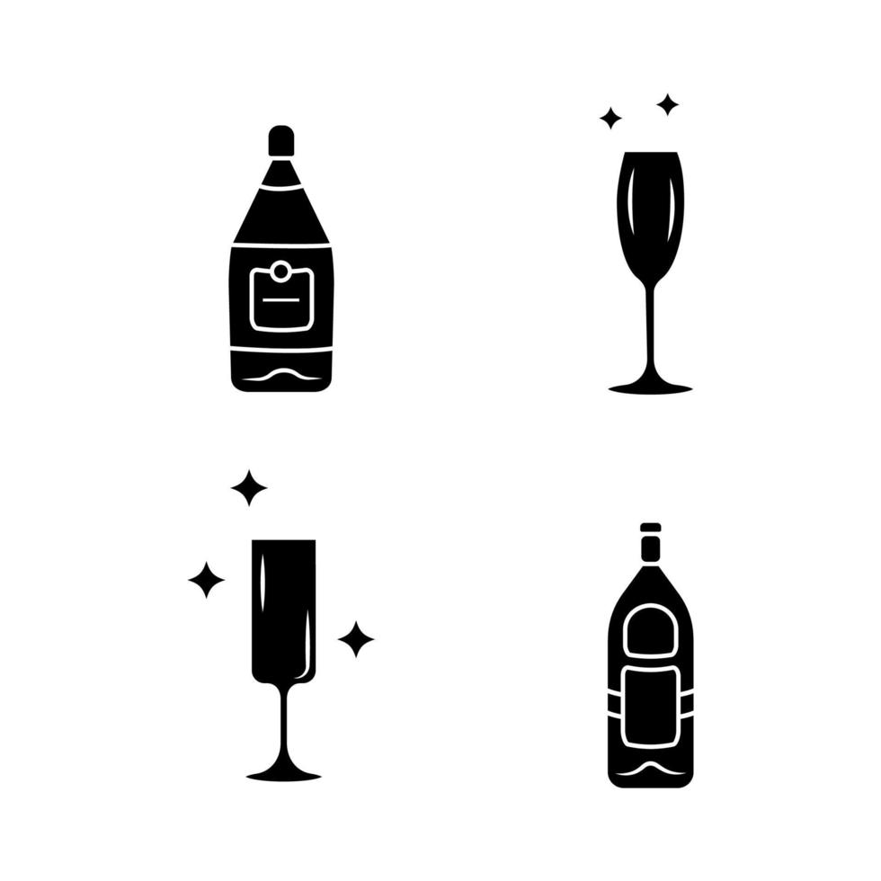 Alcohol drink glassware glyph icons set. Wine service elements. Empty crystal glasses shapes. Drinks and beverages types. Wine and gin bottles.Silhouette symbols. Vector isolated illustration