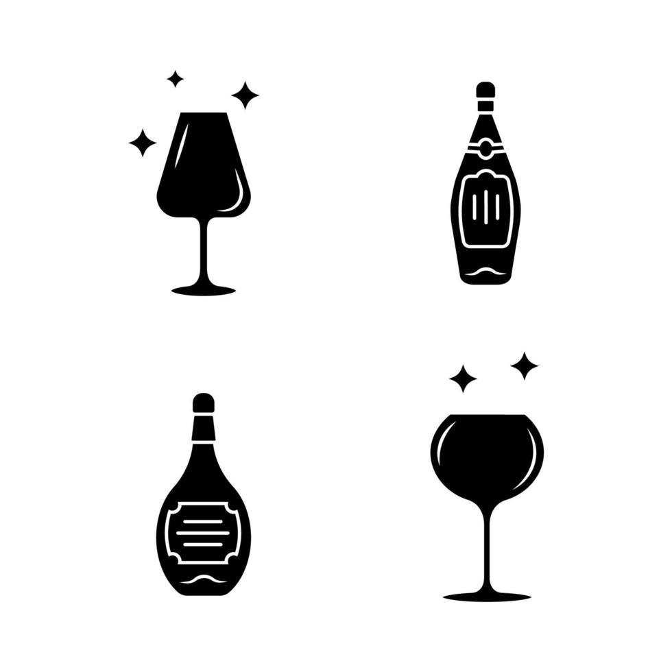 Alcohol drink glassware glyph icons set. Wine service elements. Crystal glasses shapes. Drinks and beverages types. Whiskey and bourbon bottles. Silhouette symbols. Vector isolated illustration
