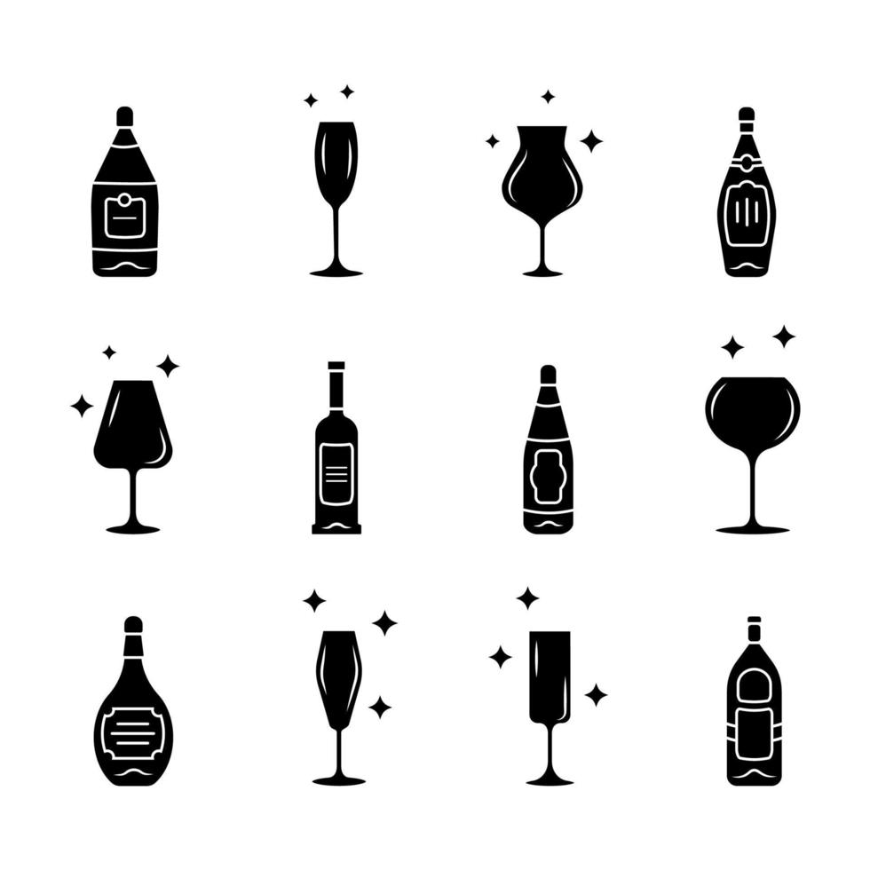 Alcohol drink glassware glyph icons set. Wine service. Crystal glasses shapes. Drinks and beverages types. Red wine and whiskey bottles with labels. Silhouette symbols. Vector isolated illustration