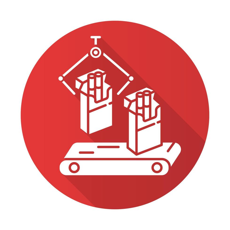 Tobacco industry red flat design long shadow glyph icon. Conveyor automatic cigarette production line. Manufacturing of packs of cigarettes on factory. Vector silhouette illustration
