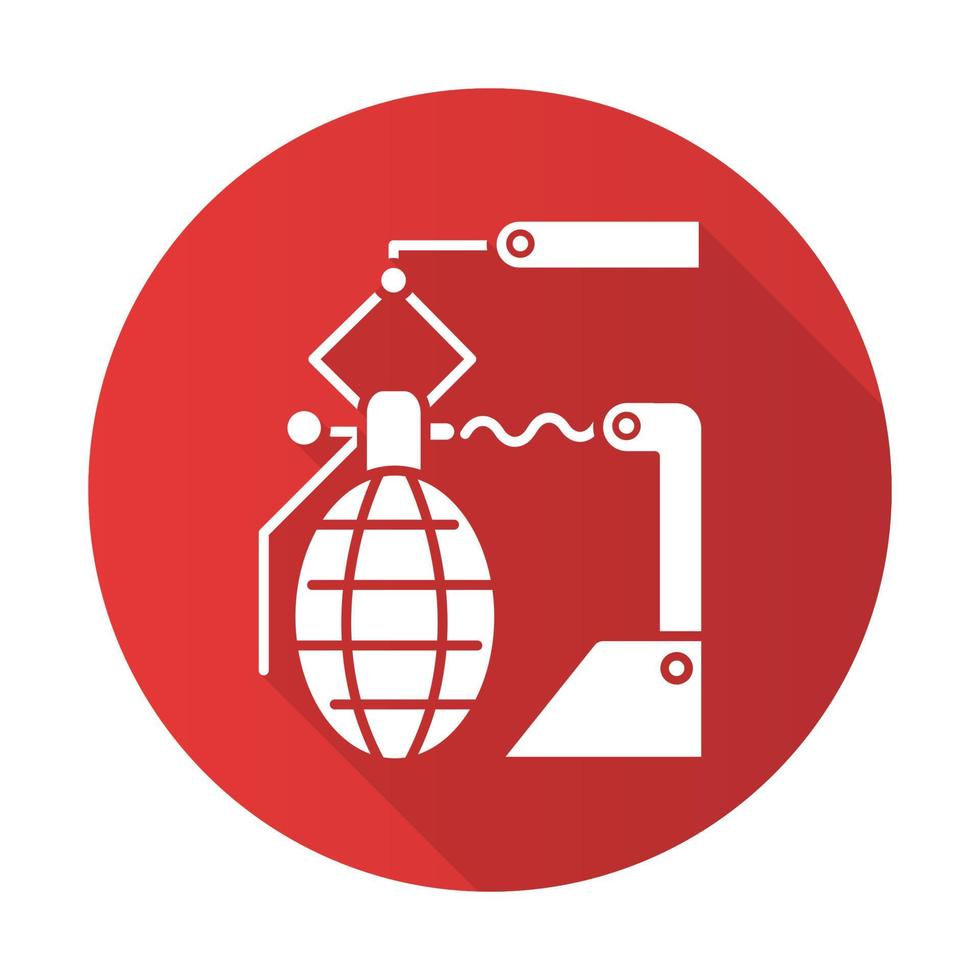 Arms industry red flat design long shadow glyph icon. Defense technology. Military sector. Weapon production. Preparing for war. Automatic grenades production line. Vector silhouette illustration