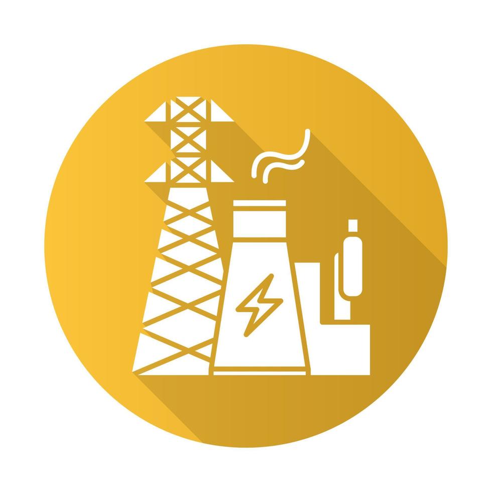 icono de glifo de larga sombra de diseño plano amarillo de la industria energética. generación y transmisión de electricidad. sector eléctrico. Planta de energía nuclear y torre de alta tensión. ilustración de silueta de vector