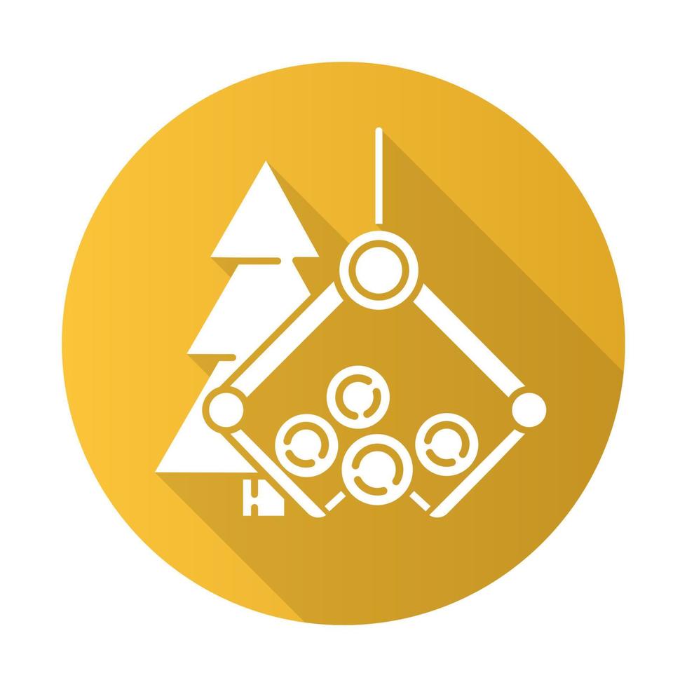Timber industry yellow flat design long shadow glyph icon. Logging sector. Wood production. Lifting crane loading spruce logs. Technology for collecting tree trunks. Vector silhouette illustration