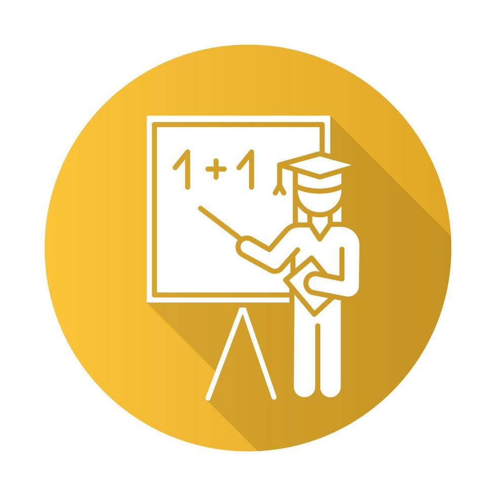 Education industry yellow flat design long shadow glyph icon. Educational process. Pedagogy practice. Learning system. Teacher giving lesson. Basic knowledge. Vector silhouette illustration