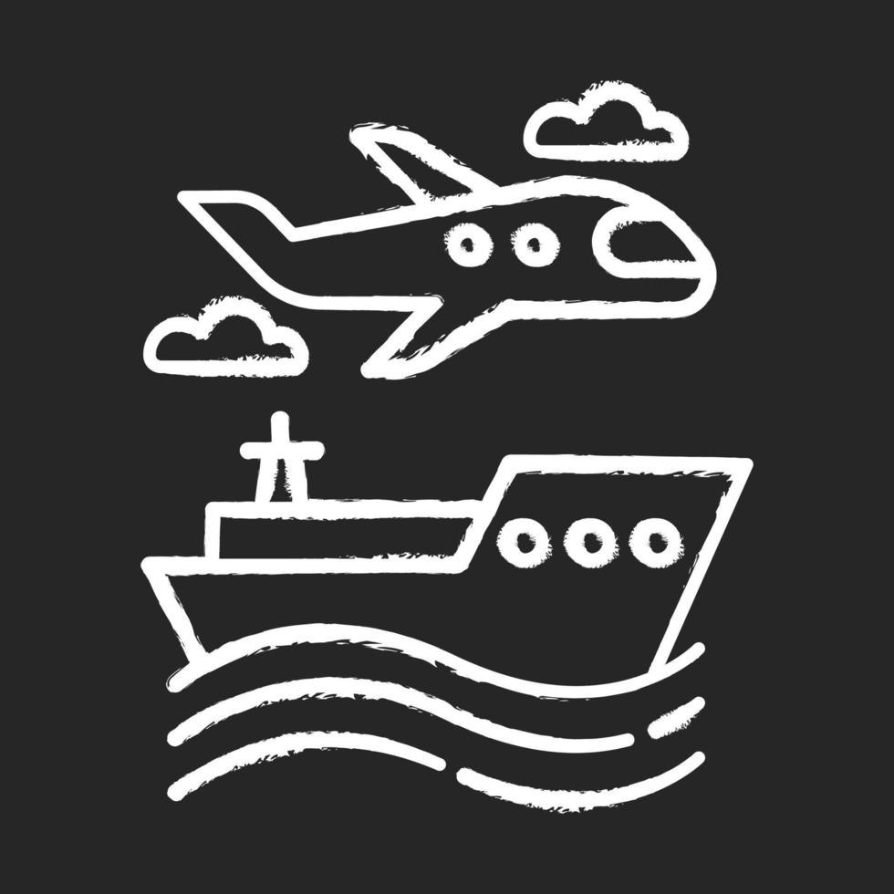 Transport industry chalk icon. Plane and ship. Boat on waves. Airplane in sky. Transportation, shipping. Travel, trip, voyage. Tourism business. Cruise tour. Isolated vector chalkboard illustration